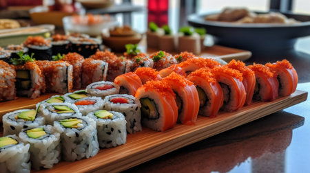 Set of sushi rolls on wooden plate in restaurant. Japanese food backgroundの素材