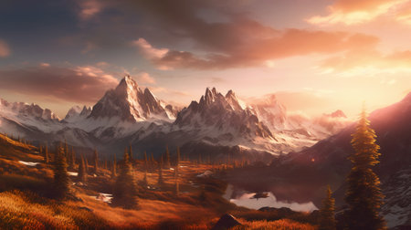 Fantasy mountain and lake sunset landscape. Created with Generative AI toolsの素材