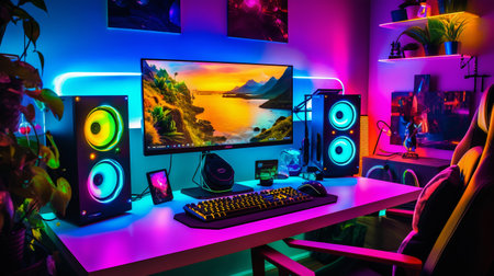 Interior of a modern studio with a computer, speakers and a chairの素材