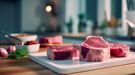 Raw beef steaks on a cutting board in a modern kitchen.の素材