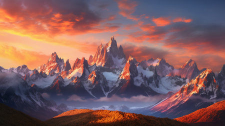 Fantasy mountain and lake sunset landscape. Created with Generative AI toolsの素材