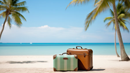 Travel suitcase on sandy beach with palm trees and turquoise seaの素材