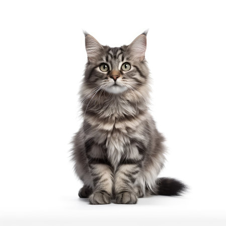 Maine Coon cat sitting on white background, front view.の素材