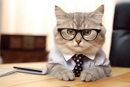 Cute cat wearing glasses and tie sitting at the desk in officeの素材
