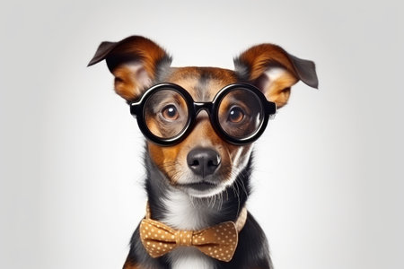 Funny dog with glasses and bow tie on a white background.の素材