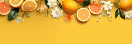 Citrus fruits and flowers on yellow background. top view with copy spaceの素材