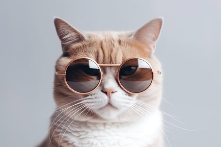 Portrait of a beautiful cat with sunglasses on a gray background.の素材
