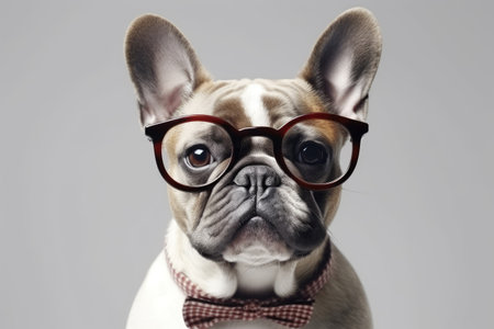 Portrait of a french bulldog wearing eyeglasses and bow tieの素材
