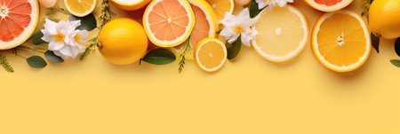 Variety of citrus fruit including lemons, lines, grapefruits and oranges with leaves and flowers on yellow backgroundの素材