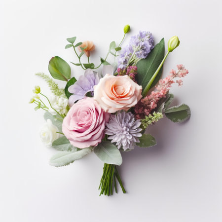 flower bouquet on white background. Flat lay, top viewの素材