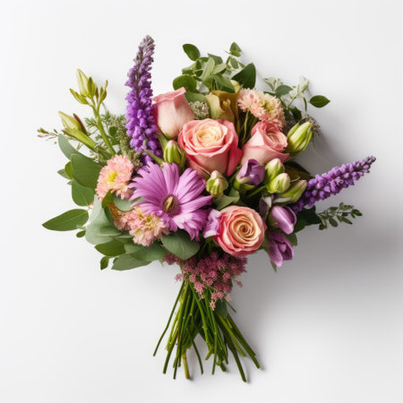 Bouquet of fresh flowers on white background. Flat lay, top viewの素材