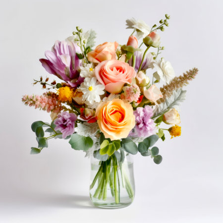 beautiful bouquet of flowers in glass vase on white backgroundの素材