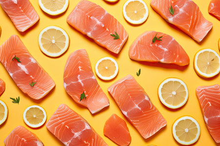 Slices of fresh salmon and lemon on color background, top viewの素材