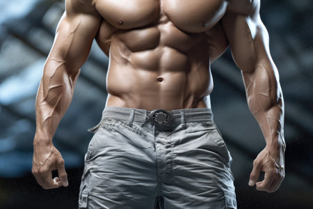 Handsome Young Man Standing Strong In The Gym And Flexing Muscles - Muscular Athletic Bodybuilder Fitness Model Posing After Exercisesの素材