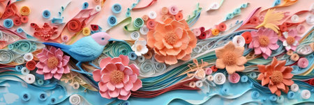 Paper flowers and blue bird on a pink background. paper crafts.の素材
