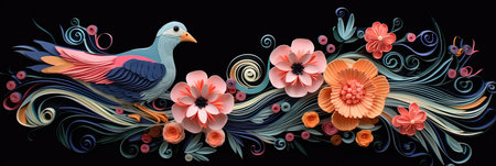 Greeting card with bird and flowers on a black background.の素材