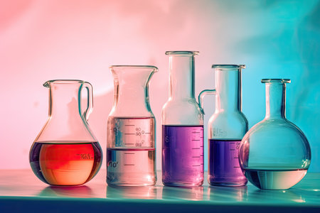 Laboratory glassware with colorful liquid, science research and development conceptの素材