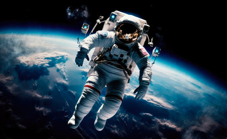Astronaut spaceman do spacewalk while working for space station in outer space.の素材