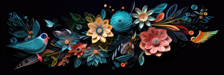 Embroidery floral background with birds and flowers. vector illustration.の素材
