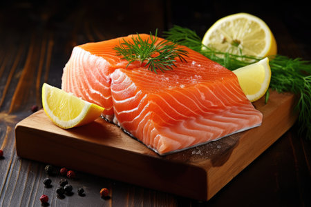 salmon filet with lemon and dill on wooden cutting boardの素材