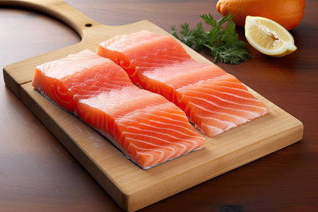 Slices of salmon on wooden cutting board with lemon and dillの素材