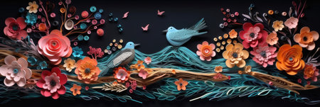 floral background with bird, flowers and leaves. 3d illustrationの素材