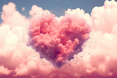 Heart shaped cloud with birds flying in the sky. 3D Renderingの素材