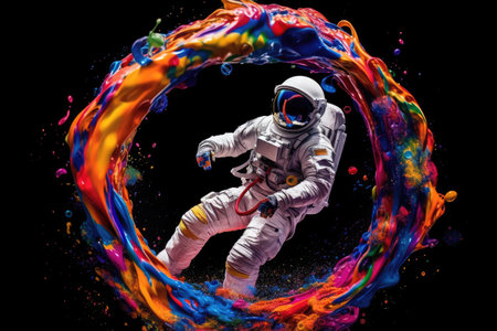 Astronaut in colorful paint splashes on black background. mixed mediaの素材