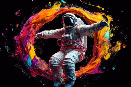 Astronaut in space suit and helmet on black background with colorful splashesの素材