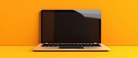 Laptop with blank screen on orange background. Mockup, 3D Renderingの素材