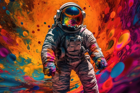 Spaceman in spacesuit and helmet against colorful abstract background.の素材