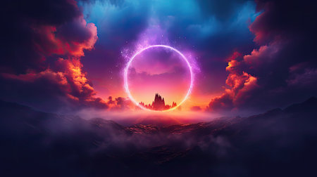 Fantasy landscape with mountains, clouds and sunset. 3d renderingの素材