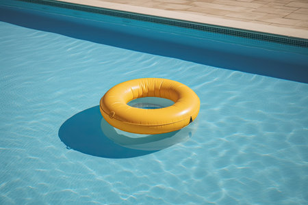 Inflatable ring floating in swimming pool with clear blue water.の素材