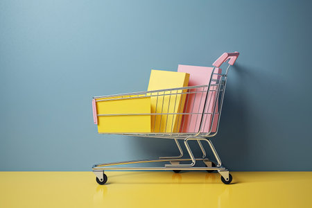 Shopping cart with colorful folders on blue wall background. 3d renderingの素材