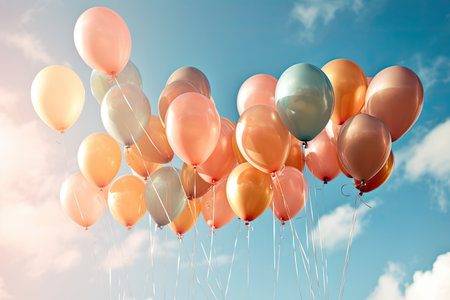 Colorful balloons on blue sky background. 3d rendering toned imageの素材