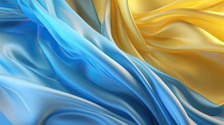 Abstract background of blue and yellow wavy silk or satin. 3d render illustrationの素材