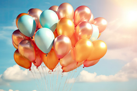 Colorful balloons flying in the blue sky. 3D Renderingの素材
