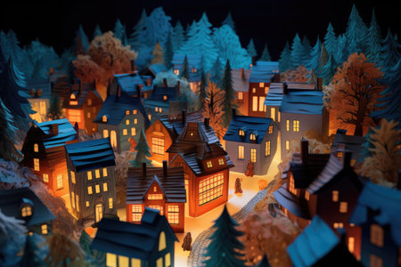 3D illustration of a miniature town with trees and houses in the snowの素材