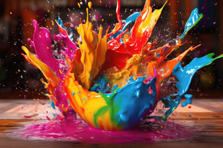 Colorful paint splashing on a wooden table. bright background.の素材