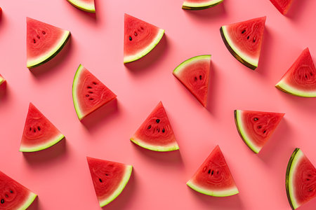 Watermelon slices pattern on pink background. Flat lay, top viewの素材