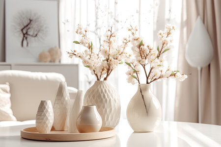 Vases with beautiful blossoming branches on table in room. interior designの素材