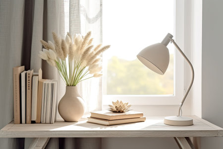 Vase with pampas grass, books and lamp on table near windowの素材