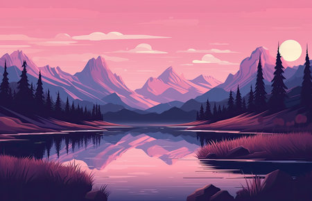 Beautiful nature landscape with lake and mountains in purple colors. vector illustrationの素材