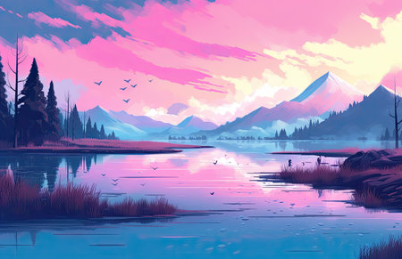 Mountain landscape with lake and forest at sunset. digital painting.の素材