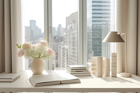 Flowers in vase and books on table near window with city viewの素材