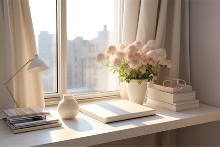 Flowers in vase on the windowsill with book and lampの素材