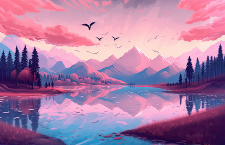 Landscape with lake, mountains, forest and sky. vector illustrationの素材