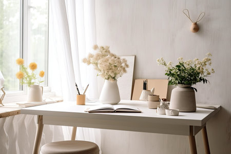 Vase with beautiful flowers on table in room. interior design conceptsの素材