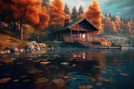 Wooden house on the lake in autumn forest. 3d renderingの素材