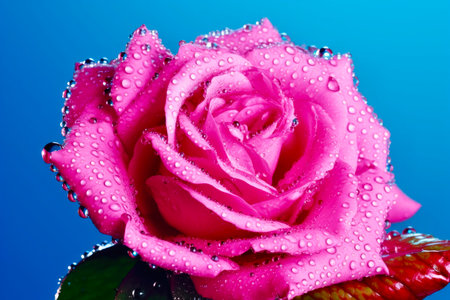 beautiful pink rose with water drops on blue background close-upの素材